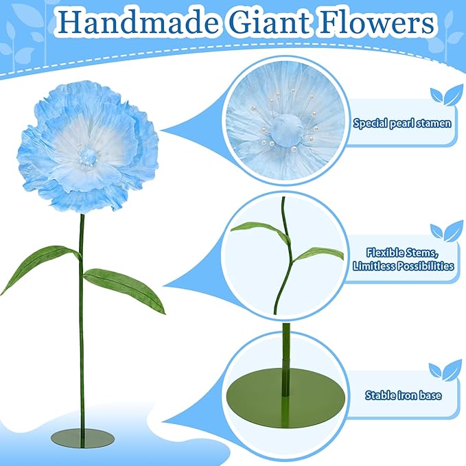 Light Blue Giant Paper Flowers - Large Paper Flowers 5.77FT Giant Flowers for Decoration with Stand Birthday Party Outdoor Banquet Event Home Decor