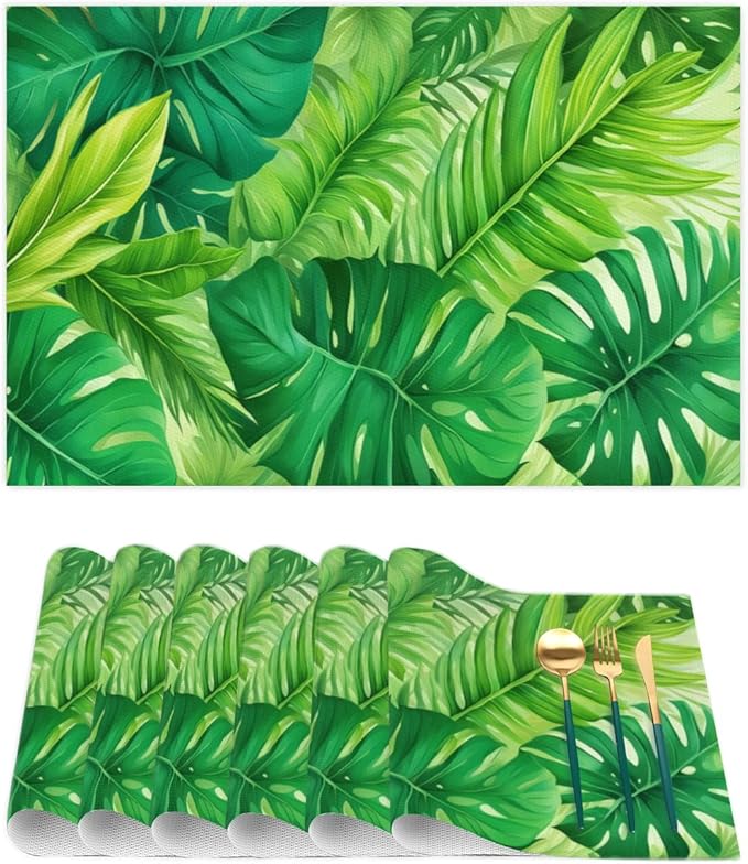 Green Summer Palm Leaf Placemats Set of 1 PVC Vinyl Non Slip Table Mats Waterproof Heat Resistant Place Mats Washable Wipeable Dining Table Mat for Kitchen Party Indoor Outdoor Decorative
