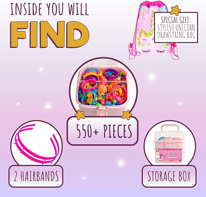 Orian Pop Beads Jewelry Making Kit for Girls, 500+ Piece Set for Girls Ages 3 and Up,Colorful Snap Beads,Bracelet,Necklaces and Rings Unicorn Gift Bag