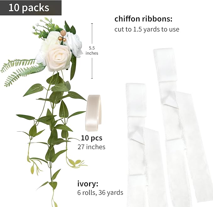 DORIS HOME Wedding Chair Decorations White Pew Flowers Set of 10 for Wedding Ceremony Party Aisle Decor with Artificial Flowers Eucalyptus and Ribbons