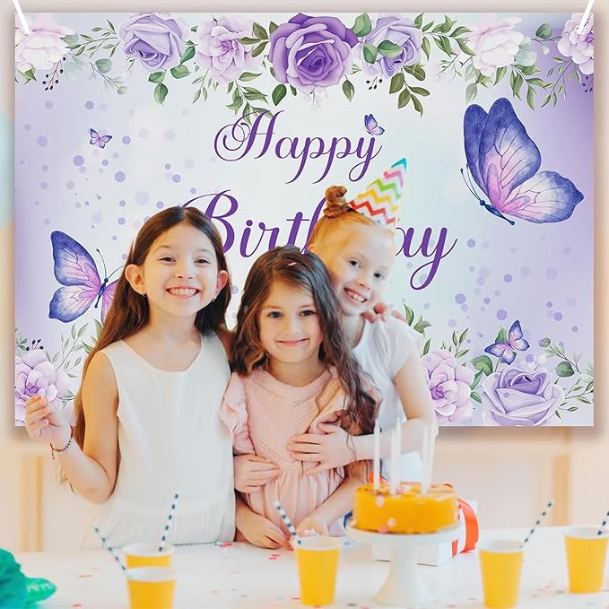 7x5Ft Butterfly Happy Birthday Backdrop Purple Butterfly Backdrop Rose Flowers Decorations Girls Birthday Party Backdground Decoration Cake Table Banner Happy Birthday Photography Background