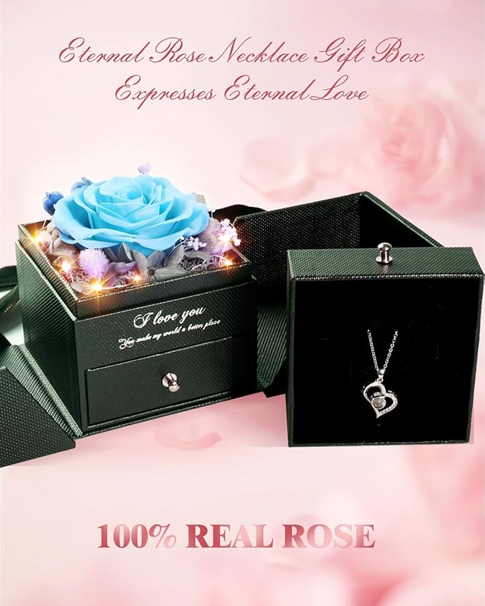 Birthday Gifts for Women, Preserved Real Roses with Heart Necklace I Love You in 100 Languages, Anniversary Wedding Gifts for Women Her Girlfriend Wife, Forever Roses Necklace Gift Box SkyBlue
