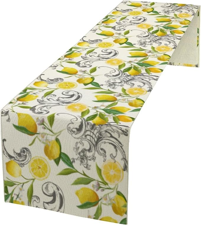 Lemon Table Runner , Summer Yellow Fruits Green Leaves Kitchen Dinning Table Decoration for Indoor Outdoor Home Party Decor 13"x60"