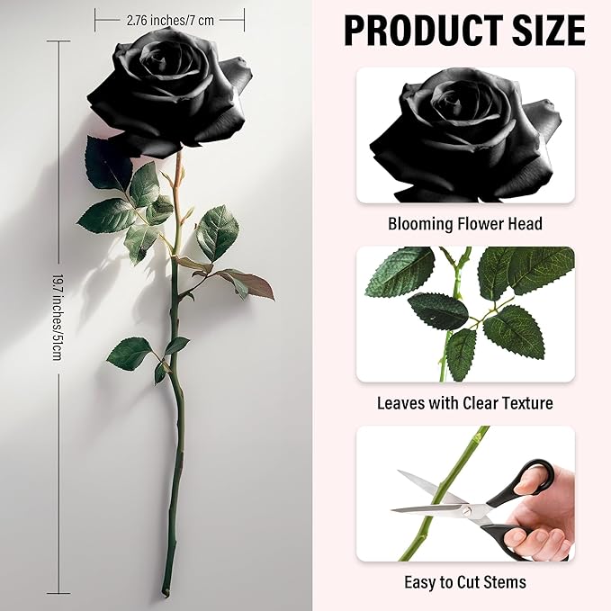20PCS Artificial Roses with Long Stems - Realistic Silk Flowers, Fake Roses Real Touch Bouquet of Roses for Home Decor, Bridal Wedding Party Table Centerpieces, Bulk Faux Rose Flowers (Black)