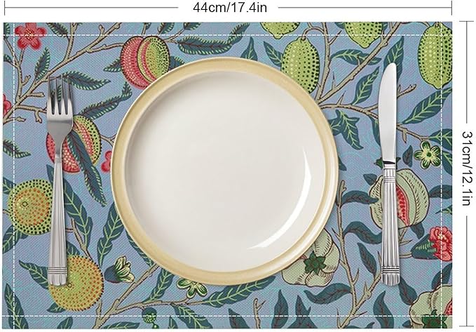 Vintage Fruit Placemats Set of 4, William Morris Retro Boho Flower Botanical Plant Place Mats, Heat Resistant Non Slip Cotton Linen Dining Table Mats for Home Kitchen Party 18x12 Inch