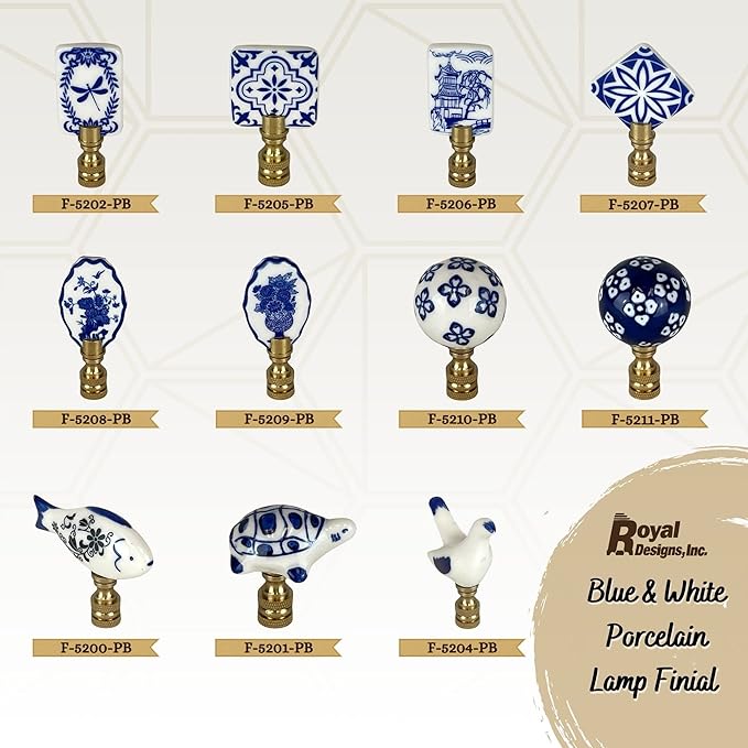 Royal Designs, Inc. Blue & White Porcelain Chinese Garden Design Finial for Lamp Shade, Polished Brass