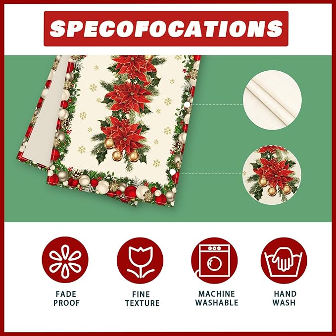 XCHI Christmas Poinsettias Leaves Bells Snowflakes Winter Xmas Table Runner Table Decoration for Home Kitchen Dining Holiday Decor 13x60 Inch