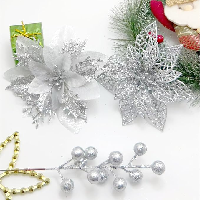 24Pcs Christmas Poinsettia Artificial Flowers and Glitter Berries Kit, 2 Styles Total 16Pcs Christmas Tree Flowers Ornaments, 8Pcs Christmas Tree Picks for Wedding Holiday Decorations, Silver