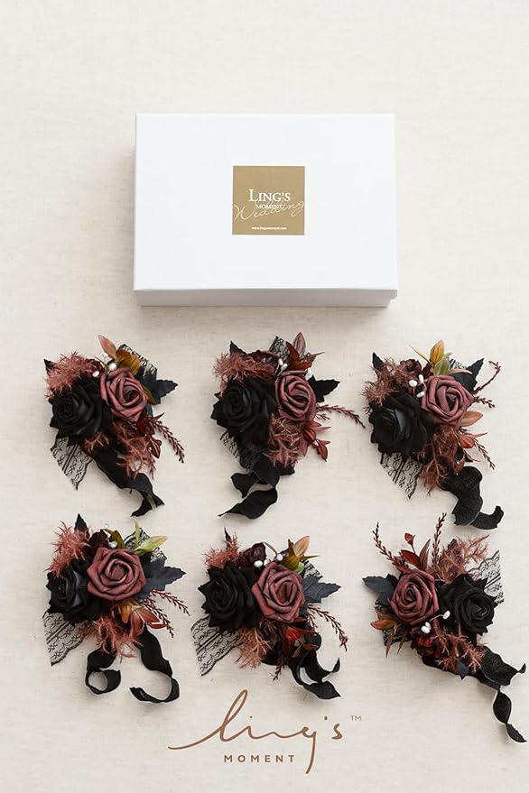 Ling's moment 6pcs Wedding Wrist Corsage Artificial Flowers, Girl/Mother Homecoming Prom Corsages Wristlet Halloween Décor, etc. Black Gothic Burgundy