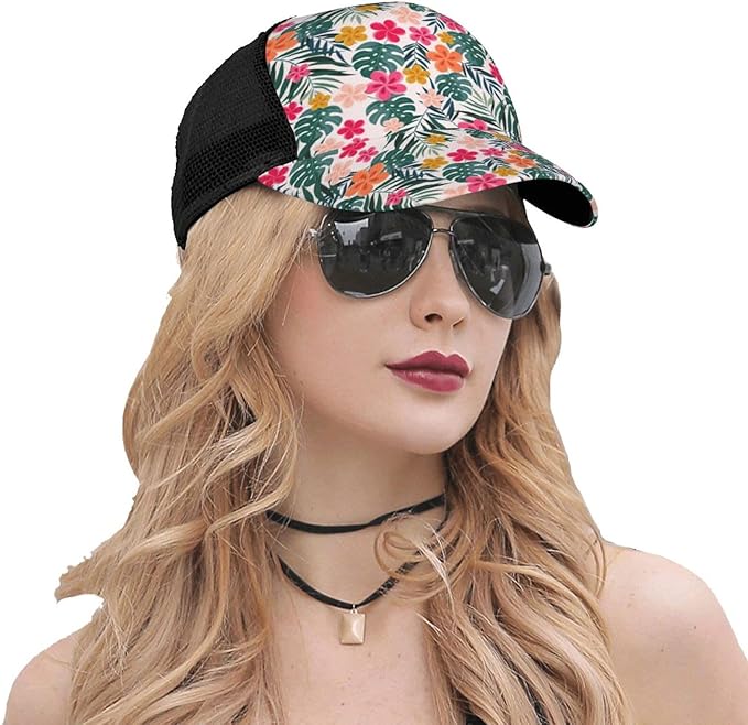 Tropical Pink Flowers Hats Women Men Hawaii Trucker Hat Adjustable Snapback Mesh Baseball Cap Hat
