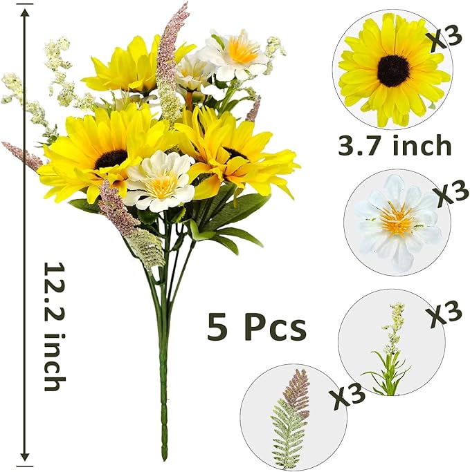 5 Bunches Artificial Sunflowers Bouquets, Fake Silk Sunflower with Faux Daisy Wildflowers Plants for Home Decor Indoor Floral Arrangements Table Centerpiece Bridal Wedding Decor (Yellow)