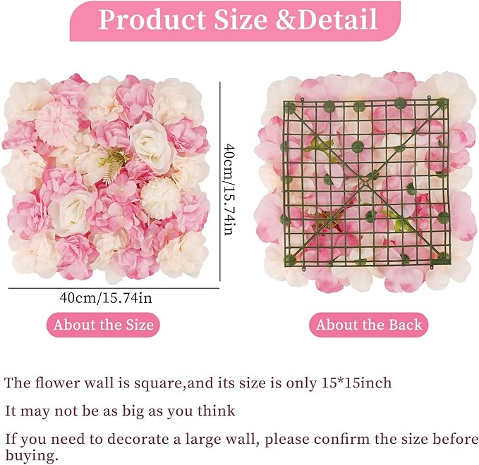 3D Flower Wall Backdrop - 12Pcs Artificial Flower Wall Panel 15 * 15inch Decoration Pink and White Roses Wall for Home Party Wedding Anniversary Birthday