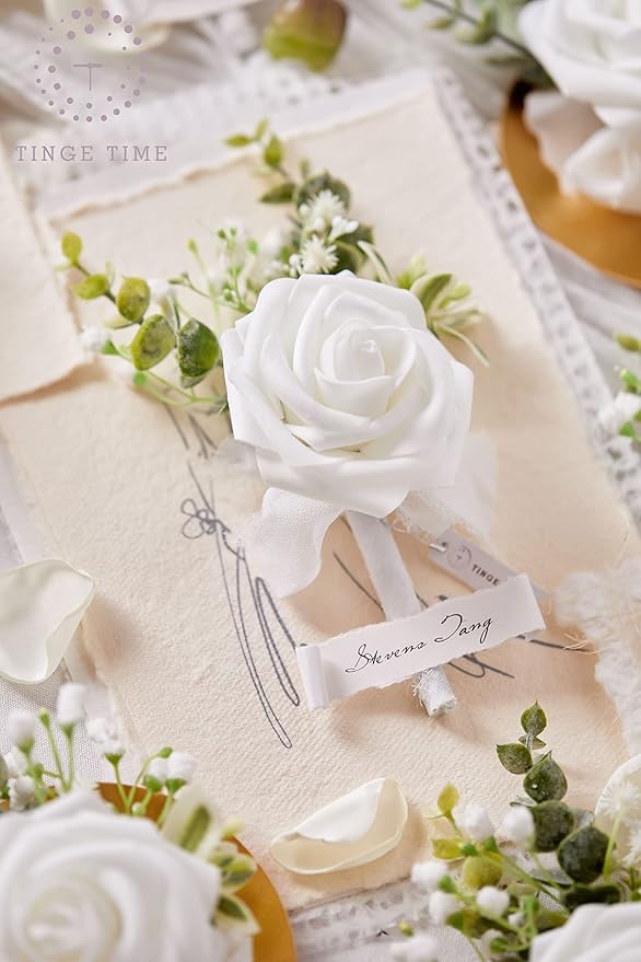 TINGE TIME Boutonniere for Men Wedding,Groom and Best Man Boutonniere for Wedding Ceremony Anniversary, Formal Dinner Party and Rustic Spring Wedding Marriage (10, Virginal White)