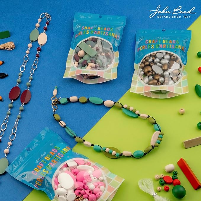 John Bead 90g Craft Beads Dark Green/Light Peach/Grey/Green Wood Beads with Elastic Nylon Cord