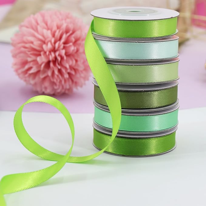 Sage Green Satin Ribbon Solid Fabric Ribbons 3/8'' inch Double-Faced Satin Ribbon for Gift Wrapping, Wedding, Birthday, Baby Shower Decor Floral Bouquet Crafts- 6 Colors X 5 Yards Each