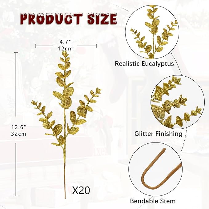 Hollyone 20 Pcs Glitter Artificial Eucalyptus Branches 13" Christmas Pine Stems Picks Gold Fake Picks Stems for DIY Christmas Tree Garland Wreath Crafts Home Decoration