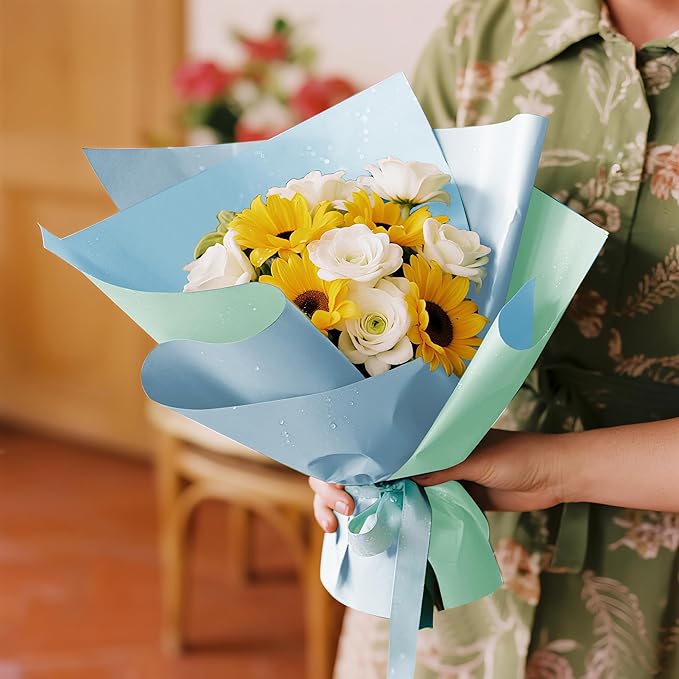 WRAPAHOLIC 20 Sheets Flower Wrapping Paper - 22.4 x 22.4 inch Misty Blue Color Water-Resistant Floral Bouquet Wrapping Paper, Florist Supplies Packaging for Wedding Birthday Gift DIY