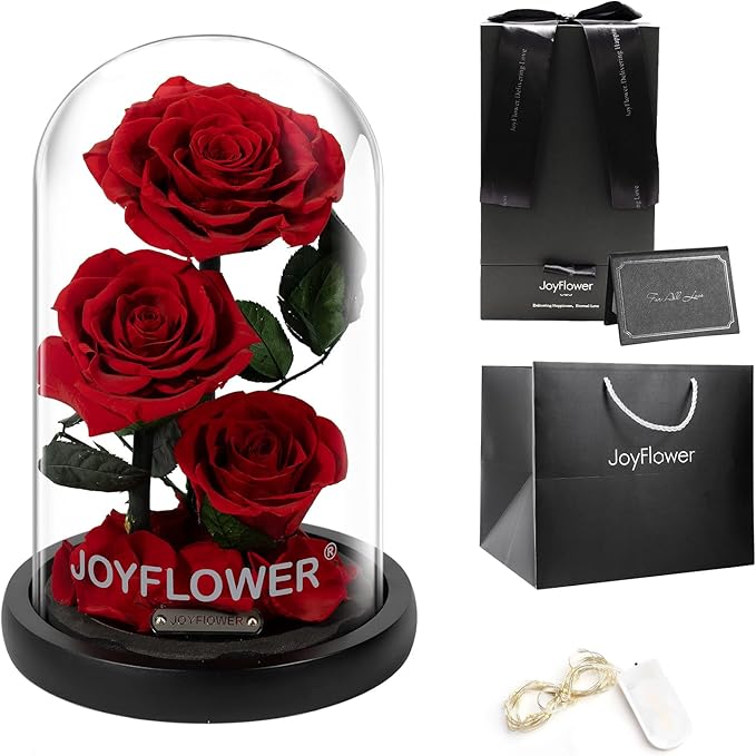 JoyFlower Preserved Flowers Gift for Women, Handmade Eternal Rose in Glass Dome, Forever Real Rose Gifts for Wife Mom Girlfriend, Three Red Roses Gift for Anniversary Birthday Valentine's Mother's Day