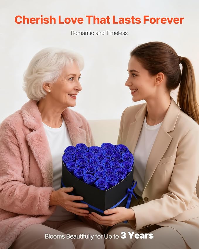 VEVOR Forever Flowers, 27 Preserved Roses in a Heart Shape Box, Eternal Flowers Immortal Bouquet Birthday Present for Women Her Wife Mothers, Anniversary, Valentine's Day,Christmas, Royal Blue
