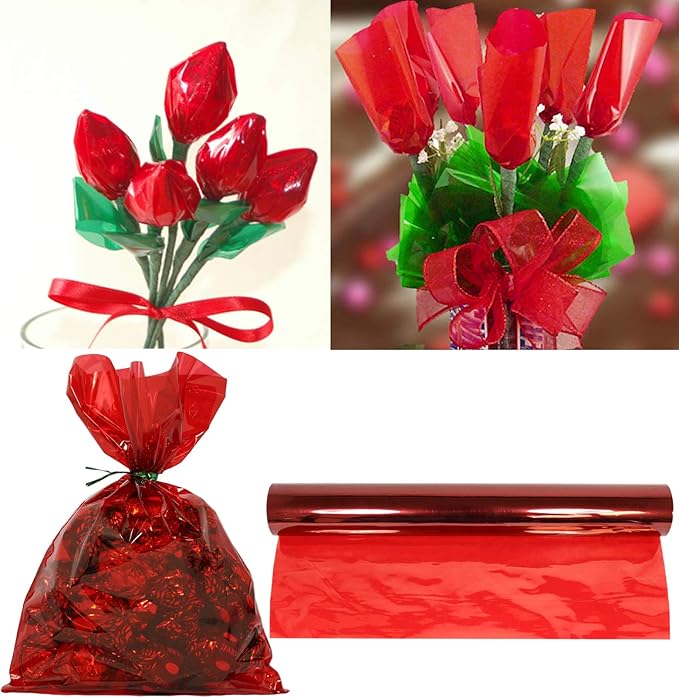 AnapoliZ Cellophane Wrap Roll Red | 100’ Ft. Long X 16” in. Wide | 2.3 Mil Thick Transparent Red | Gifts, Baskets, Treats, Cellophane Wrapping Paper | Colorful Cello Christmas, Holiday Color