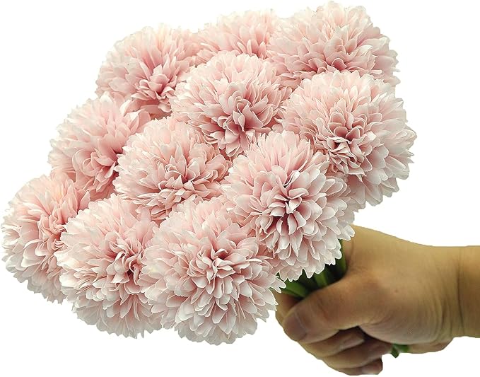 10Pcs Artificial Fake Flower Plants Silk Chrysanthemum Ball Hydrangea Arrangements Wedding Bouquets Decor Home Kitchen Garden Party Table Floral Centerpieces DIY (Light Pink)
