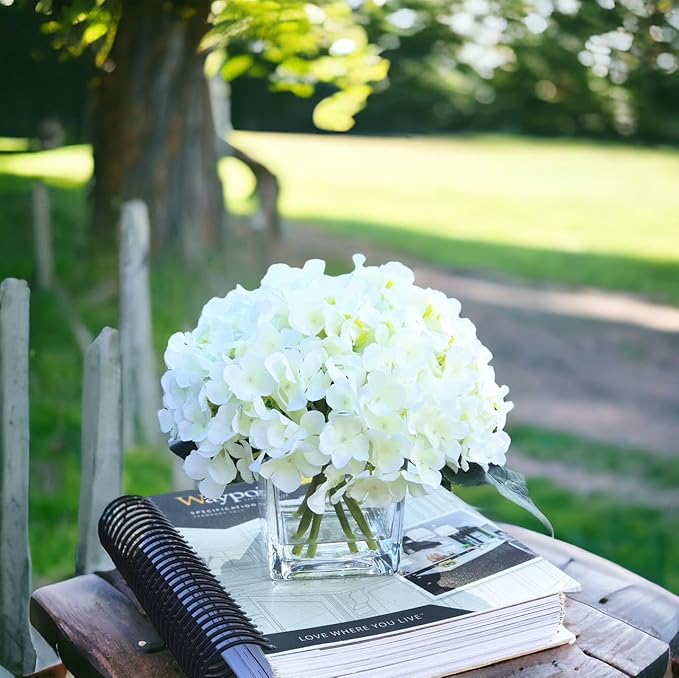 ENOVA HOME Artificial Hydrangea Silk Flowers Arrangements in Cube Glass Vase for Home Wedding