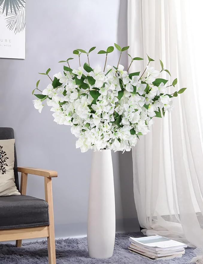 12PCS Bougainvillea Artificial Flowers 31.50" Long Stem Fake Silk Bougainvillea Branches Faux Flowers Vines for Wedding Centerpieces Baby Shower Home Garden DIY Decorations (White)