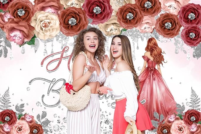 AOFOTO Happy Birthday Backdrop Red Beige Pink Rose Floral Diamond Print Photography Background for Women Girls Birthday Party Banner Home Wall Decor Photo Studio Booth Props 12x8ft