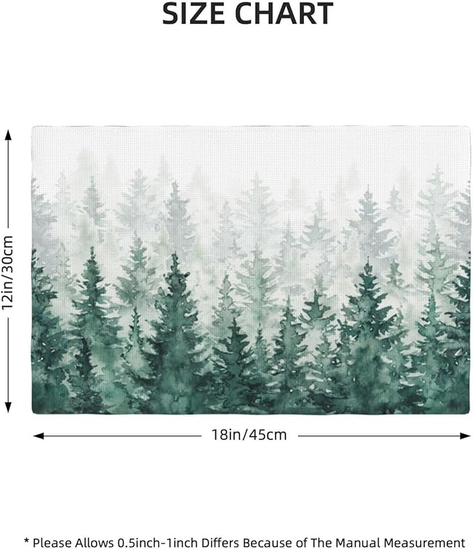 Forest Placemats, Vintage Rustic Watercolour Natural Green Misty Valley Forest Print Washable Fabric Placemats Table Kitchen Dining Party 12x18 Inch Set of 4