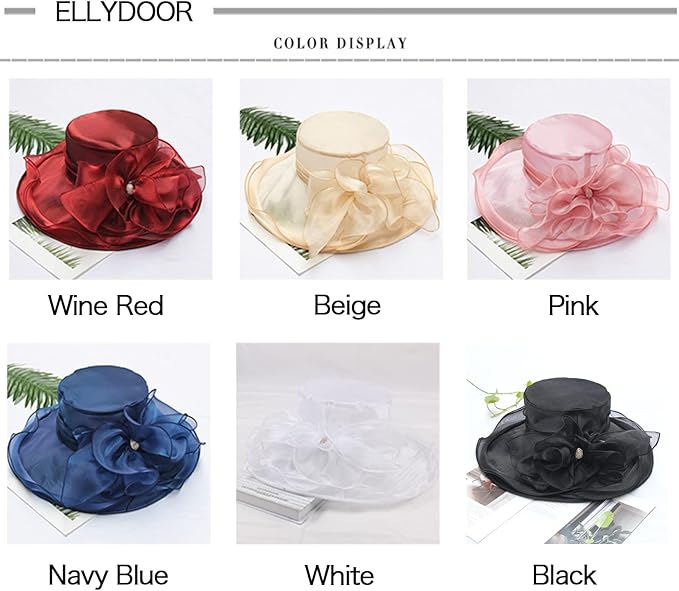 Organza Derby Hats for Women Wide Brim Fascinator Hat Rose Flower Wedding Tea Party Hat