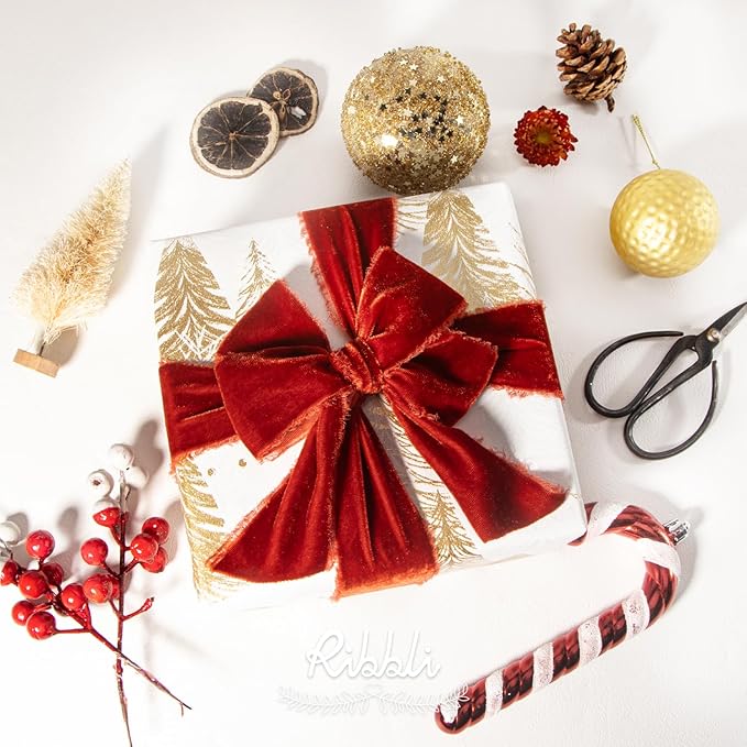 Ribbli Rust Red Velvet Ribbon 3 Inch Handmade Frayed Vintage Christmas Ribbon for Gift Wrapping Christmas Tree Ornament Wreath Craft Home Decor -3 Yards