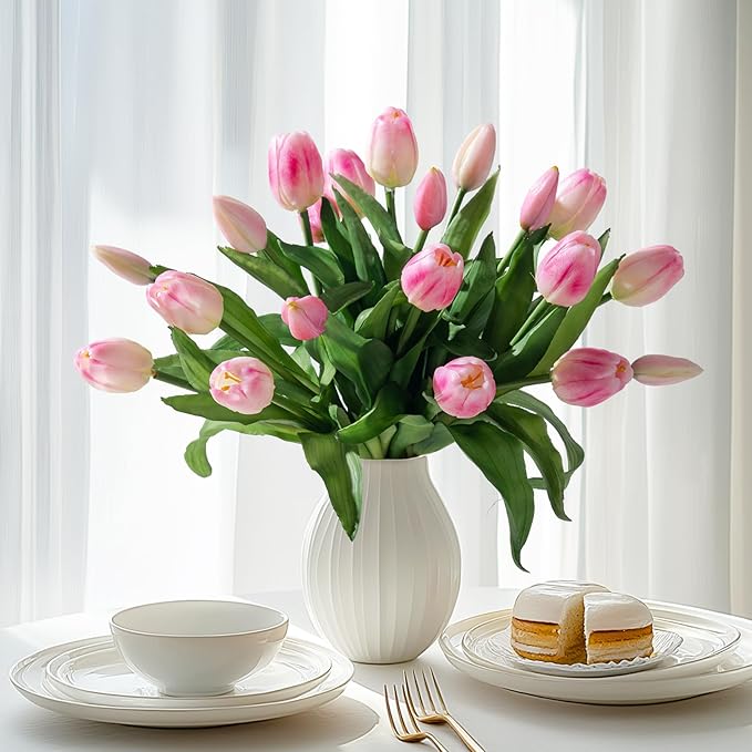 20PCS Fake Tulips Artificial Tulip Silk Flowers Fake PU Bouquet Artificial Flowers Faux Flowers with Gift Box Soft Faux Tulips Bouquets Arrangements for Party Wedding Home