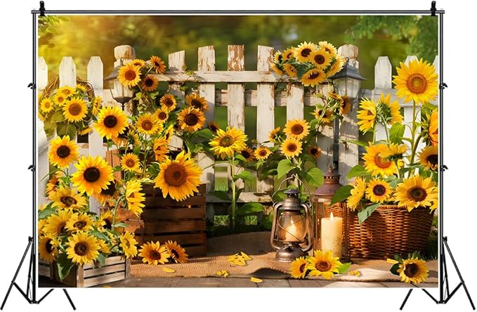 Rustic Sunflowers Backdrop Rustic Wooden Fence Sunflower Floral Photography Background for for Girls Woman Garden Party Banner Decoraitons Portrait Photo Booth Studio Props 10x7ft FU042DX