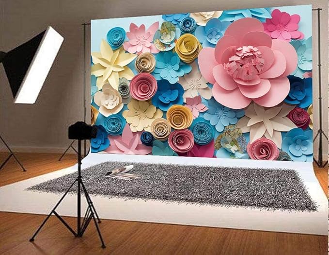 Paper Flower Backdrop for Mother's Day - Colorful Flowers Wall Photography Background - Lovely Style Blue Pink - Women Girls Birthday Party Decoration - Portraits Shooting Props (7x5ft)