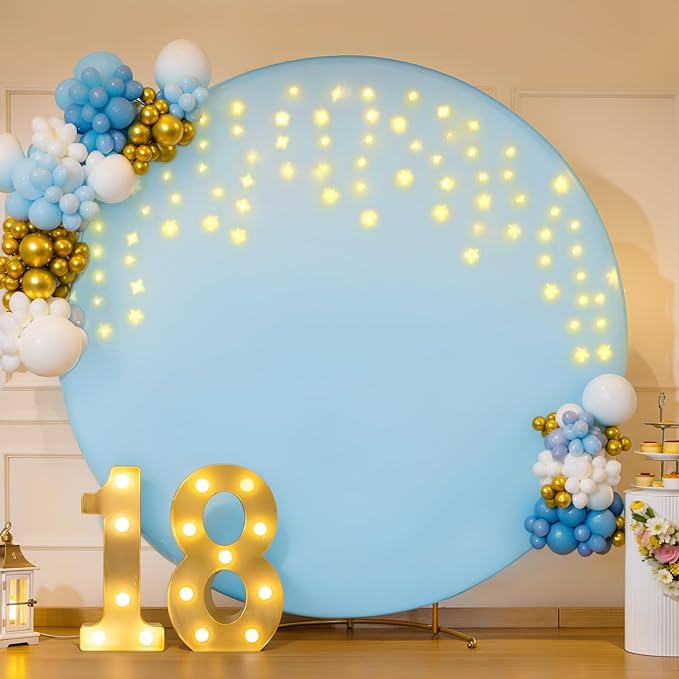 7.2 FT Baby Blue Round Backdrop Cover with Lights String for Circle Arch Stand, Circle Backdrop Covers with LED Fairy Lights for Wedding Baby Shower Boy Birthday Party Photo Shoot Background