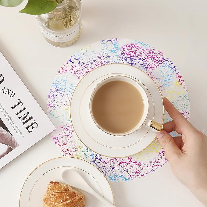 Hysenm 50 Pcs Disposable Colorful Placemats Set Metallic 13 Inch Round Table Doilies, Ultra-Thin Messy Lines Disposable Placement Mats for Home Decoration Dining Table Wedding Birthday Party