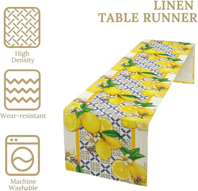 Lemon Table Runner ,Summer Blue Tiles Lemons Kitchen Dining Table Decoration Lemons Table Cover for Indoor Outdoor Home Party Decor, 13 x70 in