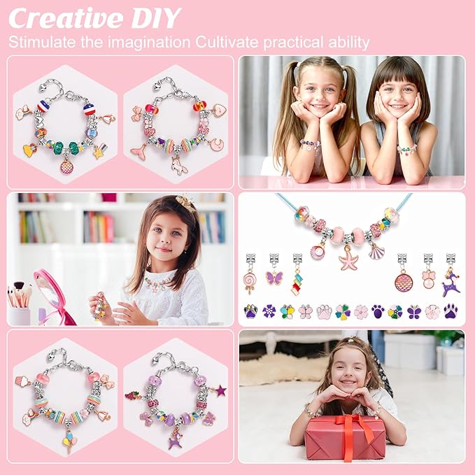 YJK Charm Bracelet Making Kit, 5-12 Year Old Girl Birthday Gifts, 133 Pcs DIY Beaded Jewelry Making Kit with Jewelry Box, Creative Crafts for Girls, Charm Necklace Making kit for Girls (Purple & Pink)