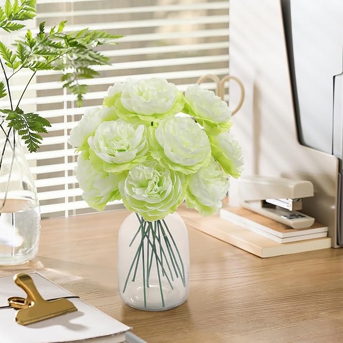 12 PCS Artificial Silk Green Peony Flowers with Stems - 8 Inch Fake Peony Bouquet for Wedding, Home Decor, Office Table, Festival Gifts
