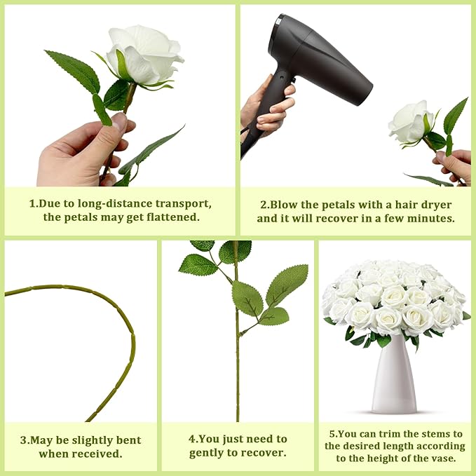 Wondrus Bulk Artificial Flowers 50 PCS, Fake Velvet Silk White Roses with Long Stems Realistic Bouquet for Wedding Centerpieces, Faux Arrangement for Home Table Decor