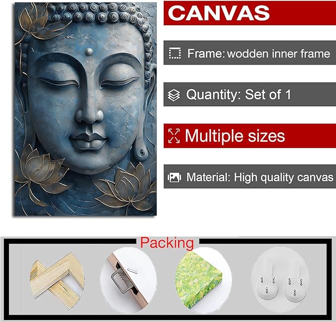 Canvas wall art Golden lotus crown Serene Buddha poster Ethereal blue toned art with delicate floral decor Zen wall art for a tranquil meditation space 12x18in Wood Framed