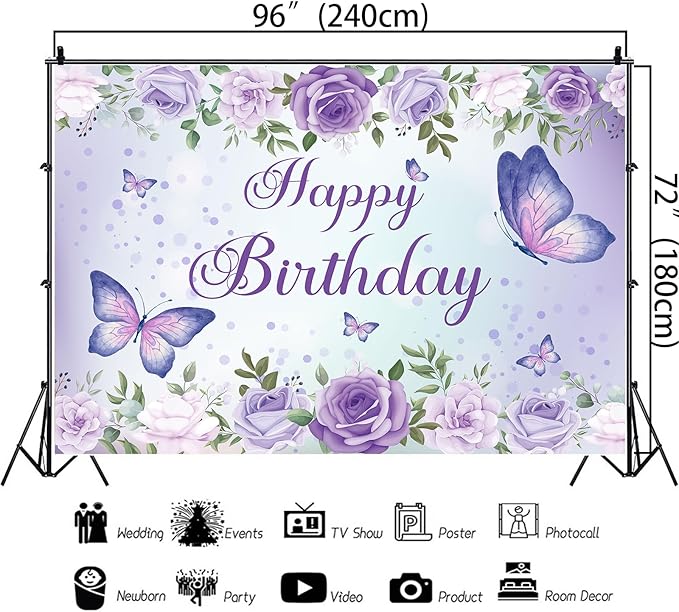 8x6Ft Purple Butterfly Birthday Banner Backdrop for Women Girl Purple Happy Birthday Backdrop Banner (96x72 Inch) Rose Flowers Butterfly Decortions Background for GILR 's Party