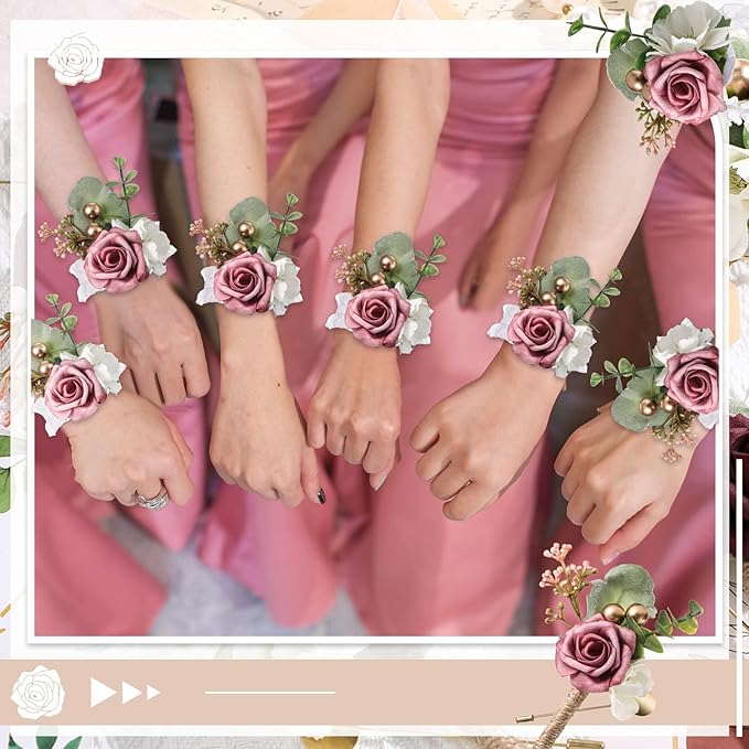 12 Pcs Wedding Wrist Corsage and Boutonniere Set Rose Wrist Corsage for Prom Boutonniere for Men Wedding Flowers Accessories Prom Suit Decorations for Wedding Ceremony Anniversary (Dusty Rose)
