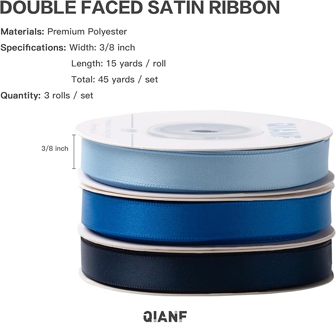 Blue Double Face Satin Ribbon 3/8 Inch x 45 Yards Baby Blue/Royal Blue/Navy Fabric Ribbon for Gift Wrapping, Flower Bouquets, Hair Bows Making, Wedding Decor, Invitation Cards (3 Rolls *15Yd)