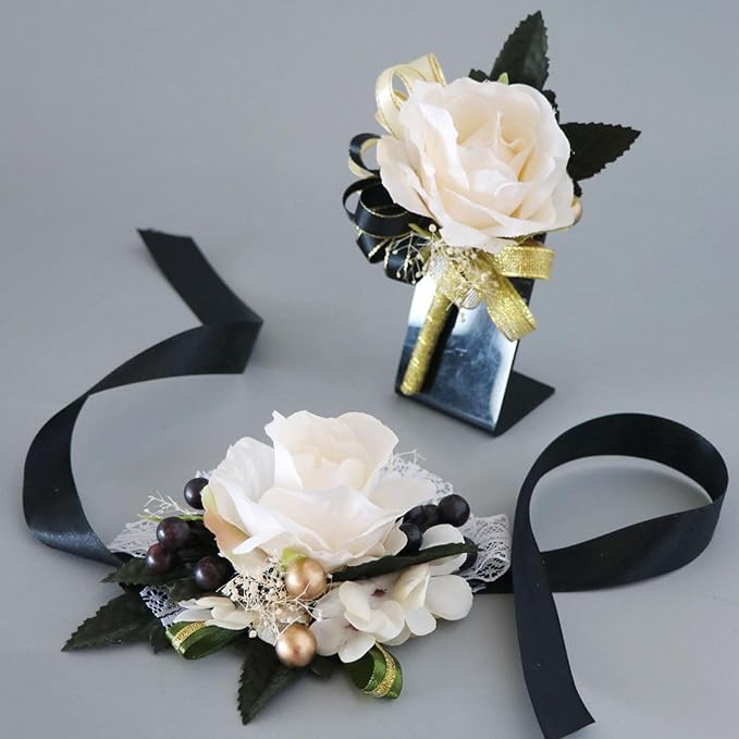 Aimto Ivory Rose and Black Wrist Corsage and Boutonniere Set for Wedding Flower Accessories Prom Suits