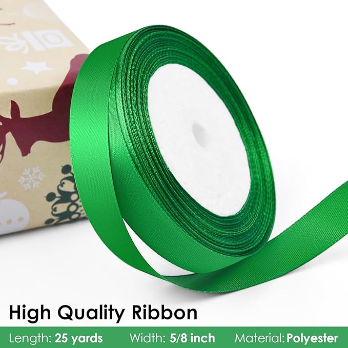 25 Yards 5/8 inch Satin Ribbon, Solid Color Fabric Ribbon Perfect for Gift Wrapping, Wedding, Handmade Bows, Floral Bouquets and Party Decoration(Green)