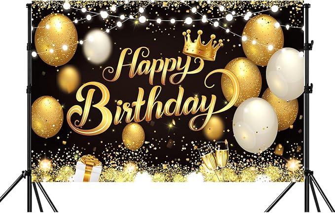 YinQin 180x120 cm Black Gold Happy Birthday Party Backdrops Cloth 71x47 in. Glitter Black Gold Happy Birthday Photography Backgrounds Banners Black Gold Happy Birthday Sign Decorations for Men Women