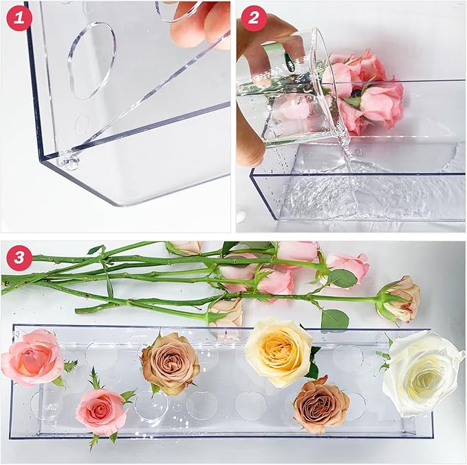 4 Pack Clear Acrylic Flower Vase Centerpiece for Dining Table,63.2 Inch Rectangular Floral Low Vases with 64 Holes for Dining Table Modern Flower Arrangement for Home Decor or Weddings