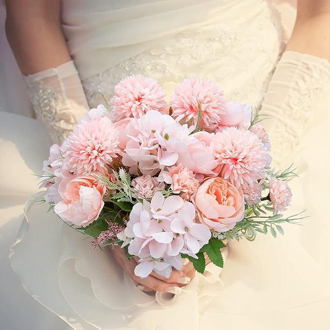 DDcafor Artificial Flowers, 4 Packs Pink Fake Peony Silk Hydrangea Bouquet Decor Plastic Carnations Daisy Realistic Flower Home Office Party Decor Arrangements Wedding Decoration Table Centerpieces