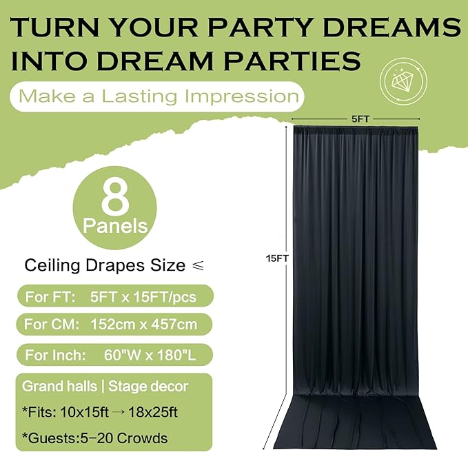 PartyVillage 40ft×15ft Black Backdrop Curtain for Halloween Parties, 8 Panels Wrinkle Free 15 FT Long Polyester Photo Backdrop Drapes Back Drop Cloth for Birthday Photography Background